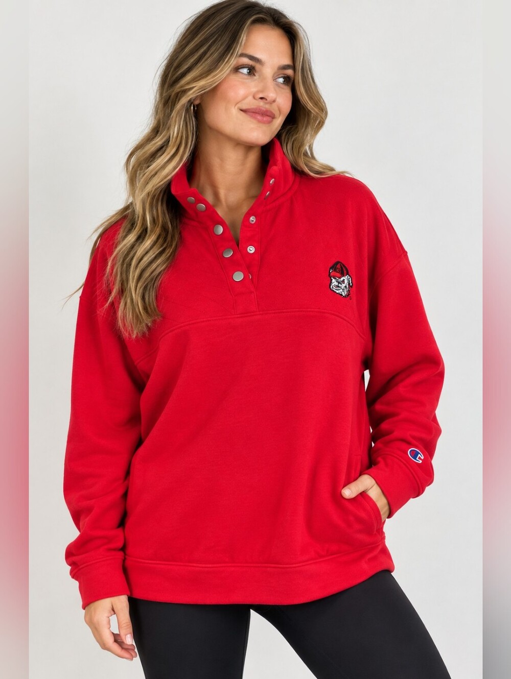 Champion Georgia Bulldogs UGA Red Quilted Snap Pullover Sweatshirt XL